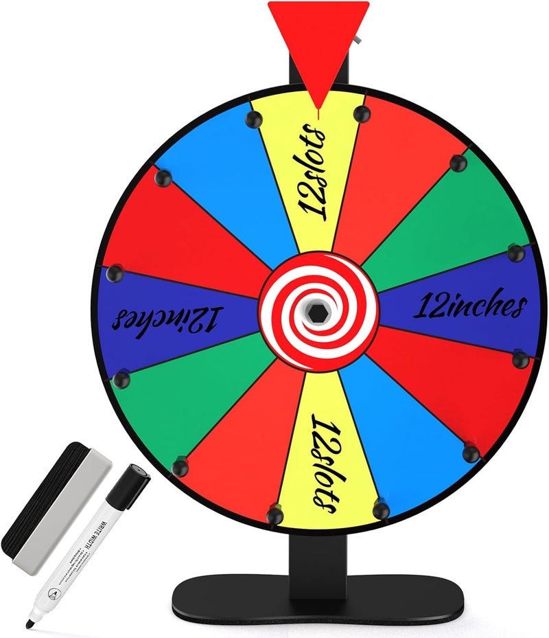 Retbtnm 12-Inch Color Prize Wheel, 12 Slot Editable Spinning Wheel with Dry Erase Board & Marker for Parties, Carnivals, Tradeshow Booths, Classroom Games​ - Image 1